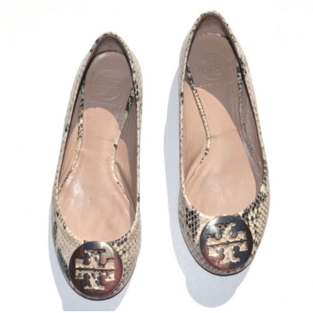 Tory Burch Reva Ballet Flat Snakeskin Pewter Metal Logo 6.5